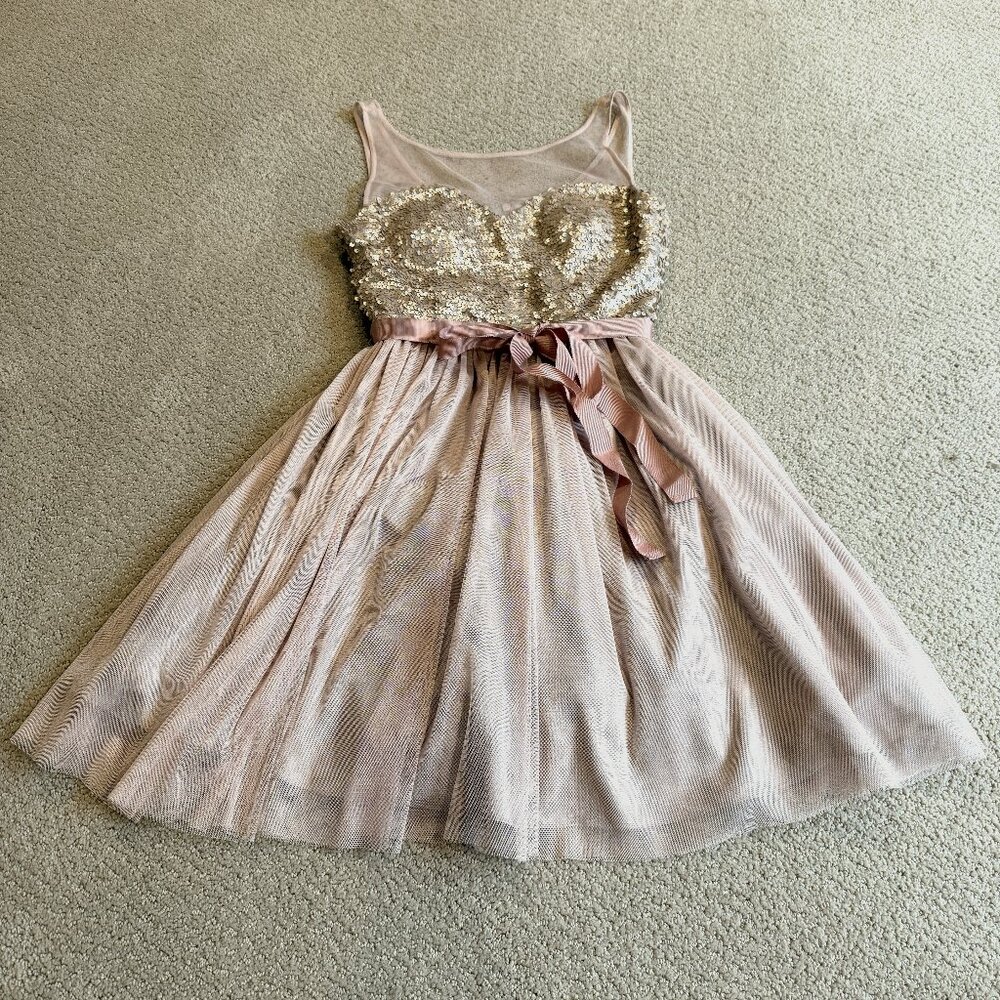 Hailey Adrianna Papell Mini Dress Formal Prom Beige Pink Sequin Tulle Skirt XS
